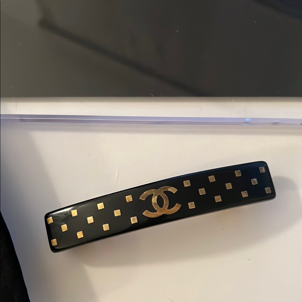 Chanel Black Hair Clip with Gold Chanel Logo and gold Accents - Picture 4 of 9